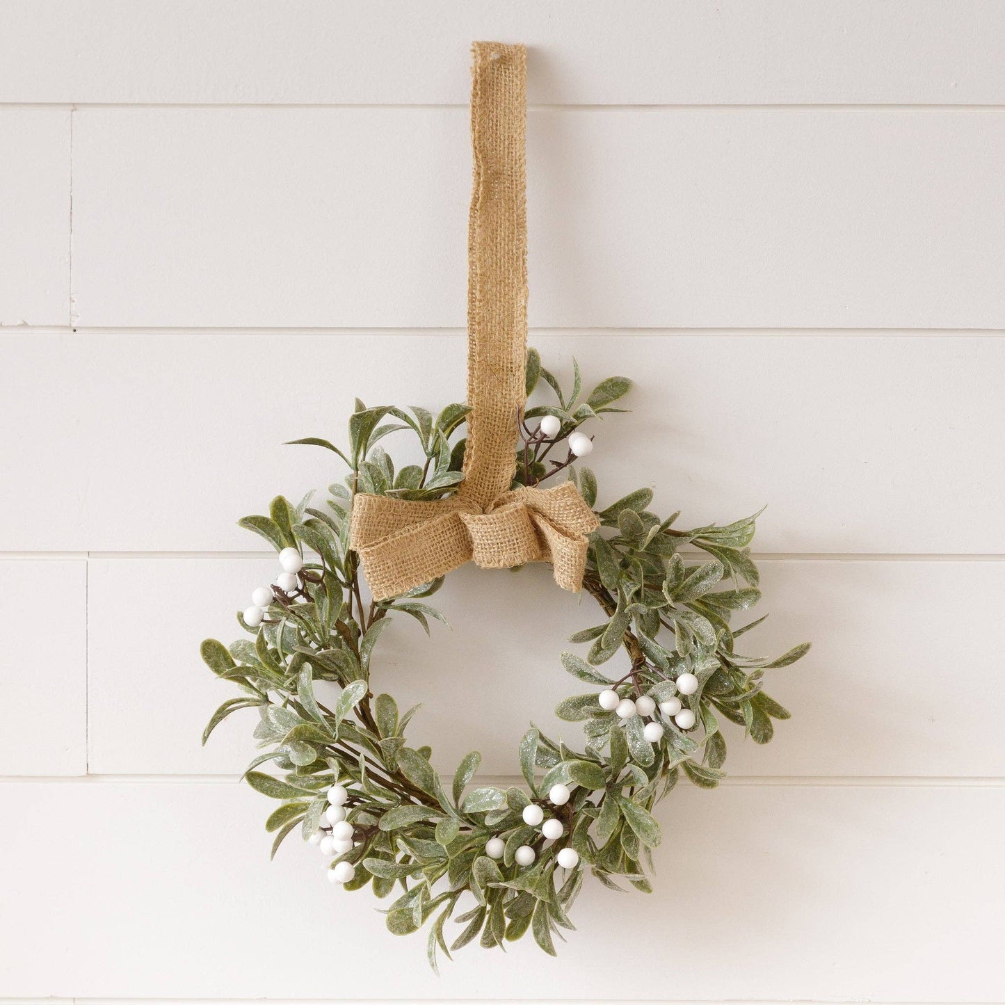 Mini Wreath - Frosted Mistletoe With Burlap Bow - 12"