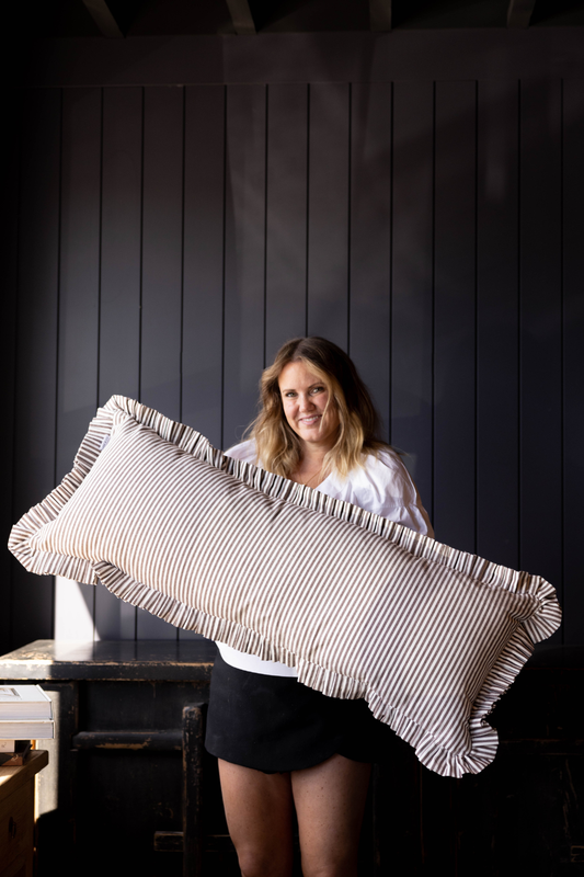Ruffle Bolster Pillow Cover Brown White Stripes